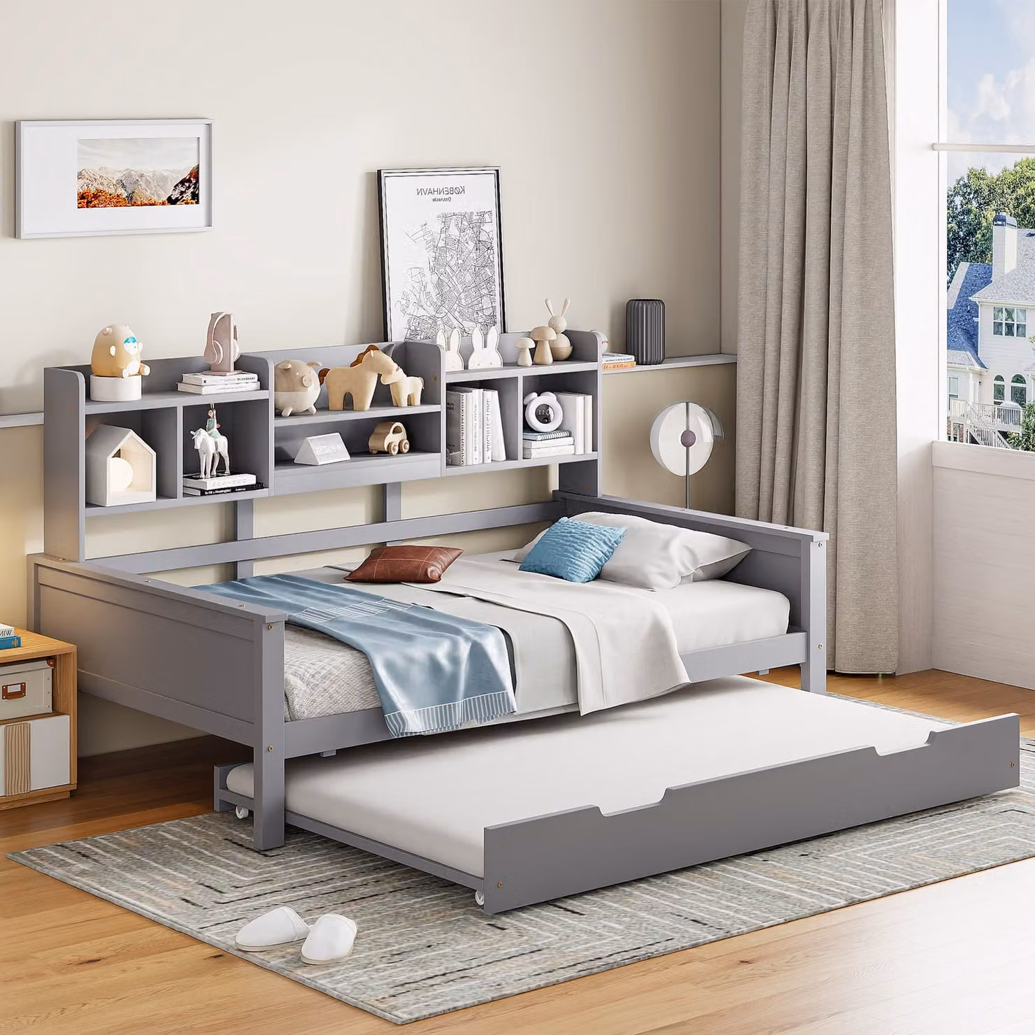 okwish Divano letto, Daybed, Letto multifunzionale (90×200 cm & 90x190 cm) con letto estraibile, Letto in legno con contenitore e rete a doghe, senza materasso, grigio