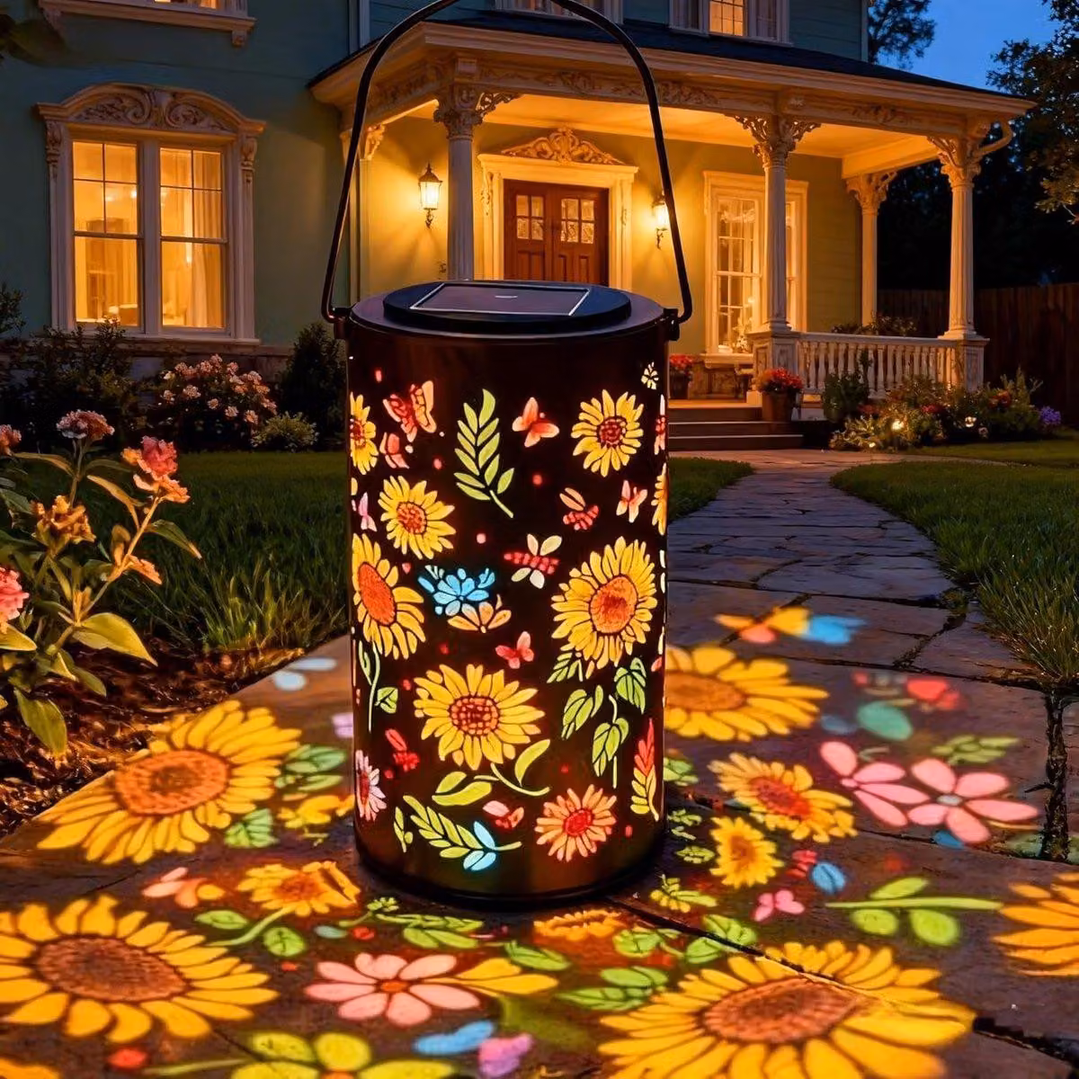 Lanterna solare da giardino, 18x10 cm, motivo girasole – Lampada solare LED da esterno, resistente alle intemperie, ideale per giardino, terrazza, campeggio e decorazione, disponibile in vari colori