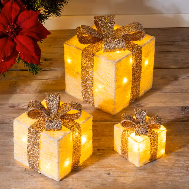 Scatole regalo a LED con timer set di 3 - CREMA - Scatole per decorazioni natalizie bianco caldo illuminate a batteria con timer
