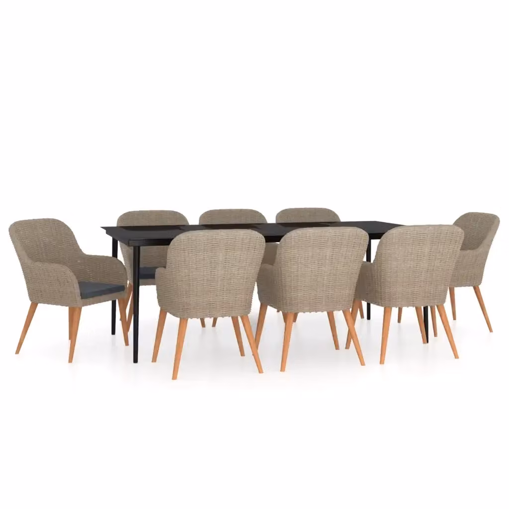 Set da pranzo da giardino moderno vidaXL in legno di acacia oliato e rattan con tavolo in vetro, 9 pezzi, Marrone, Nero, Grigio – 2