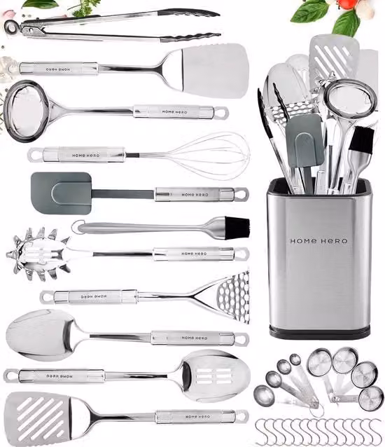 Set di accessori da cucina - Antiaderente - Resistente al calore - Set di spatole e cucchiai - Accessori da cucina (set da 32 pezzi in acciaio inossidabile)