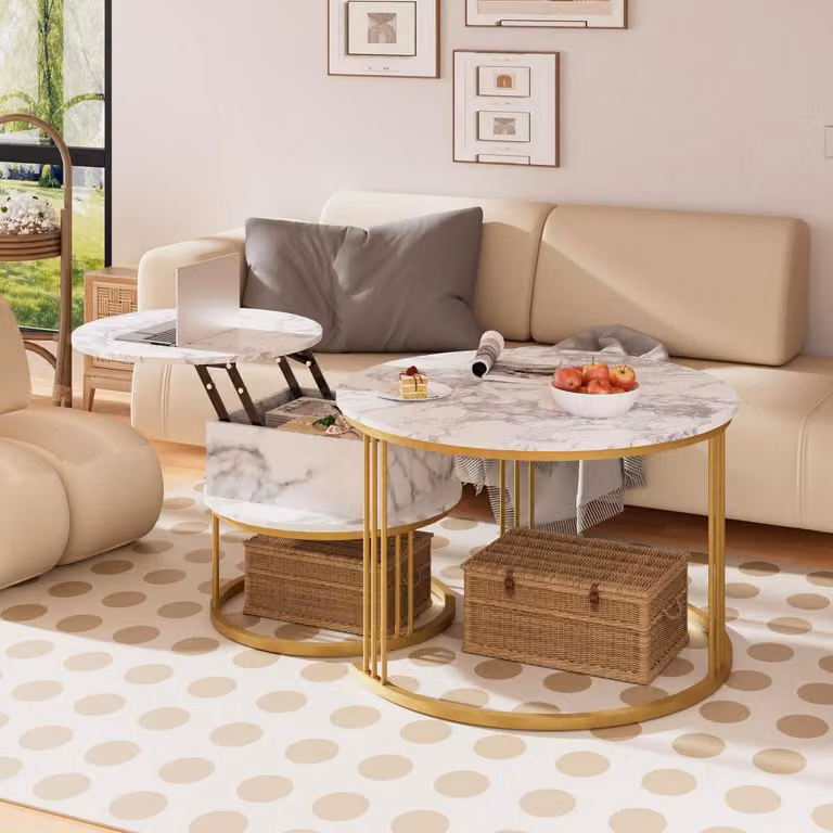 Tavolino da caffè rotondo con sistema a nido d'ape, altezza regolabile, con spazio contenitivo nascosto, finitura effetto marmo, disponibile nelle dimensioni di 70 cm e 50 cm