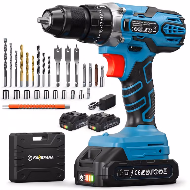 Trapano avvitatore a batteria da 21V, dotato di 2 batterie da 2 Ah, con coppia di 45 Nm e 25+3 impostazioni di coppia