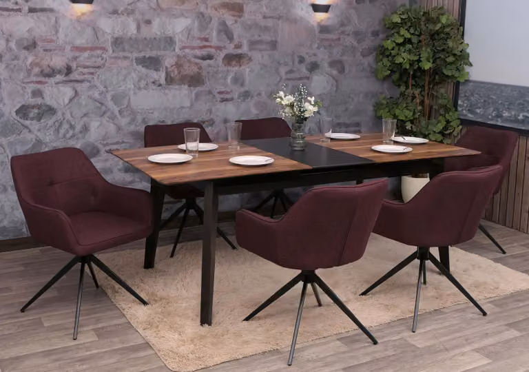 set di 6 sedie da pranzo HWC-O47, braccioli per sedie da cucina, girevoli a ritorno automatico, tessuto/tessuto (270g/m²) ~ bordeaux