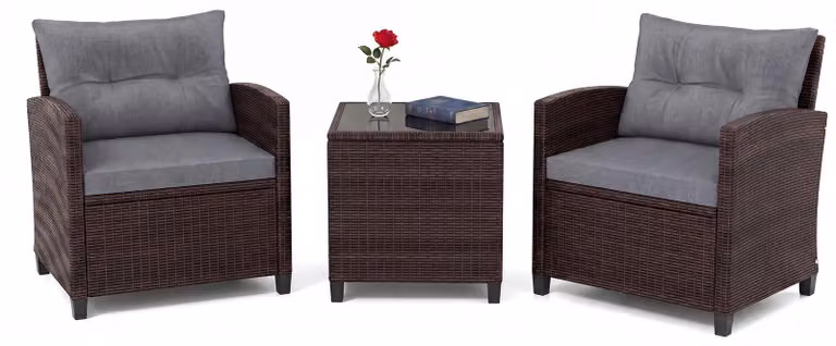 Set di mobili da giardino in rattan KOMFOTTEU, set di mobili da lounge per esterni con 2 poltrone, 1 tavolino, cuscini per seduta e schienale, mobili per balconi piccoli, mobili da lounge per giardino, mobili per terrazza per 2 persone