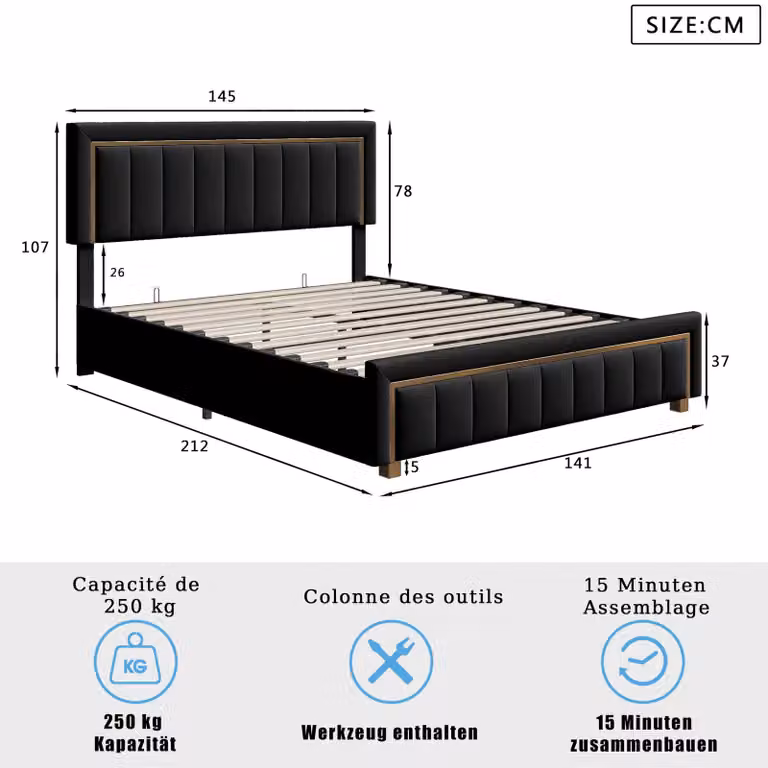 Letto imbottito - Letto con spazio contenitore ad apertura idraulica - Struttura a rete - Testiera a righe verticali - Tessuto in velluto - Dimensioni: 140 x 200 cm - Colore: nero