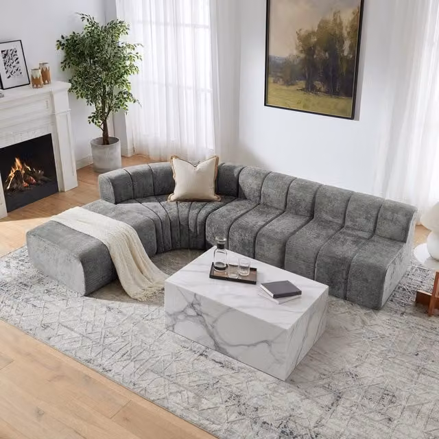 Divano angolare 4 posti ¨C Minimal ¨C grigio tessuto modulare con poggiapiedi