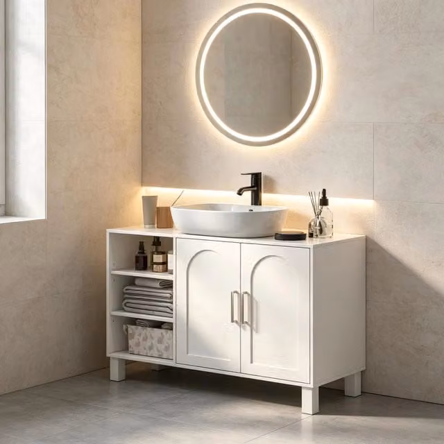 Mobile sottolavabo moderno con ripiani aperti e doppie ante, versatile per bagno (solo mobile)