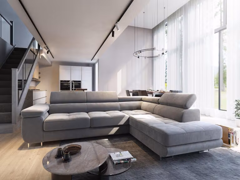 Divano angolare Masseno SELVA R-S con funzione letto a L, divano con box letto, divano da salotto, divano, divano, divano letto, set di divani - grigio chiaro, MONOLITH 84