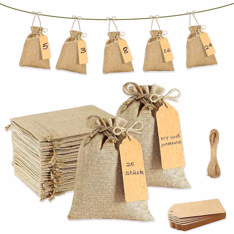 Sacchetti in juta, confezione da 25, dimensioni 15x20 cm, con etichette e corda, colore giallo