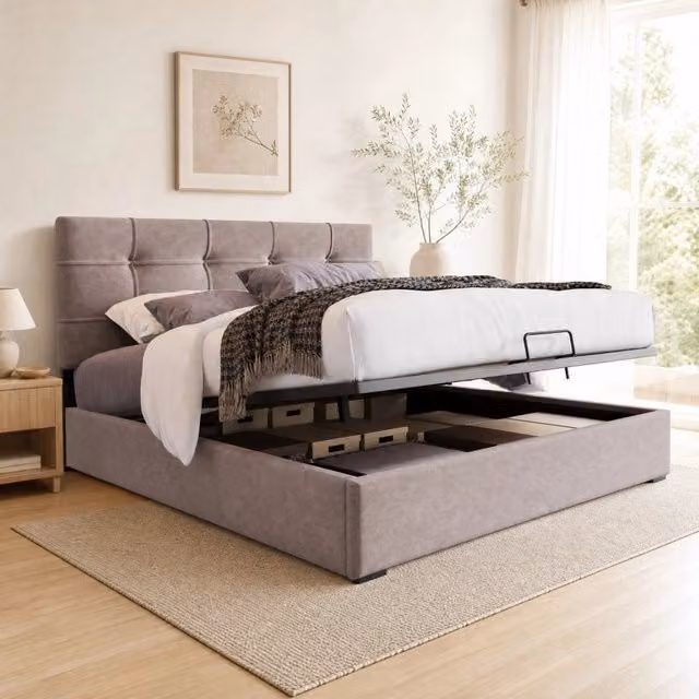 Letto Matrimoniale REDOM in Velluto Grigio con Contenitore e Base Lift Up L/P/H: 140 x 200 x 146 cm
