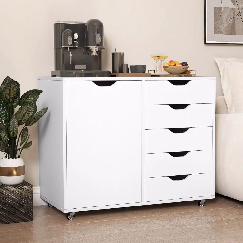 Mobiletto con 5 cassetti e anta per ufficio o casa, Carrello con ripiano regolabile e 5 rotelle Bianco – 2
