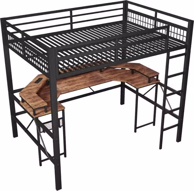 Letto a soppalco 140x200 cm con struttura in ferro, scrivania integrata e LED RGB controllabili via app, colore nero