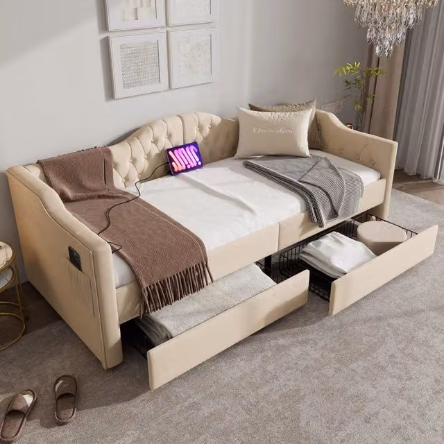 Letto divano singolo in velluto beige con 2 cassetti e porte di ricarica USB e Type-C, L/P/H: 90 x 200 x 76,5 cm