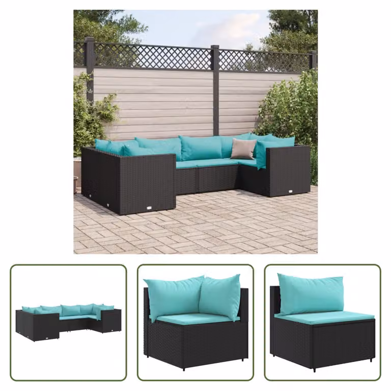 The Living Store Set da giardino da 6 pezzi con cuscini in poly rattan nero