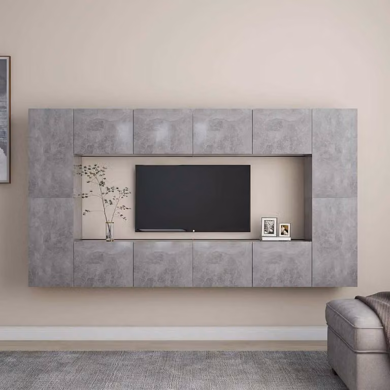 Set di Mobili Porta TV Moderno vidaXL in Legno e MDF Grigio Cemento, 8 Pezzi, da Appendere alla Parete