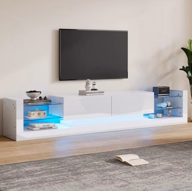 Mobile TV ULEVR 181x38x38 cm bianco lucido con LED, frontale in vetro e 2 cassetti a ribalta