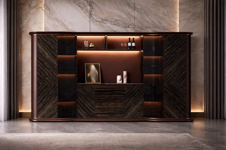 Robusta libreria marrone, eleganti ante in vetro, illuminazione di classe