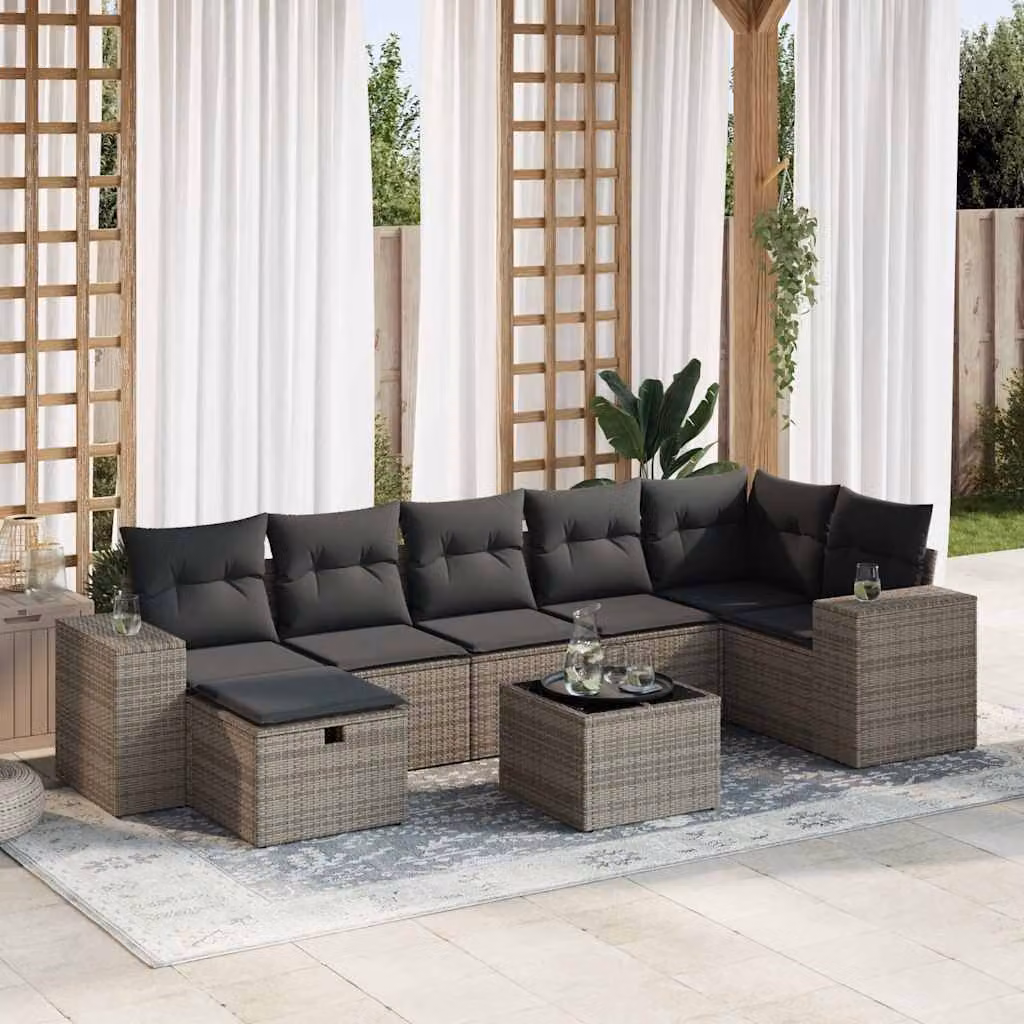 Set Divano da Giardino vidaXL 8 pz in Polyrattan Grigio con Cuscini e Tavolino