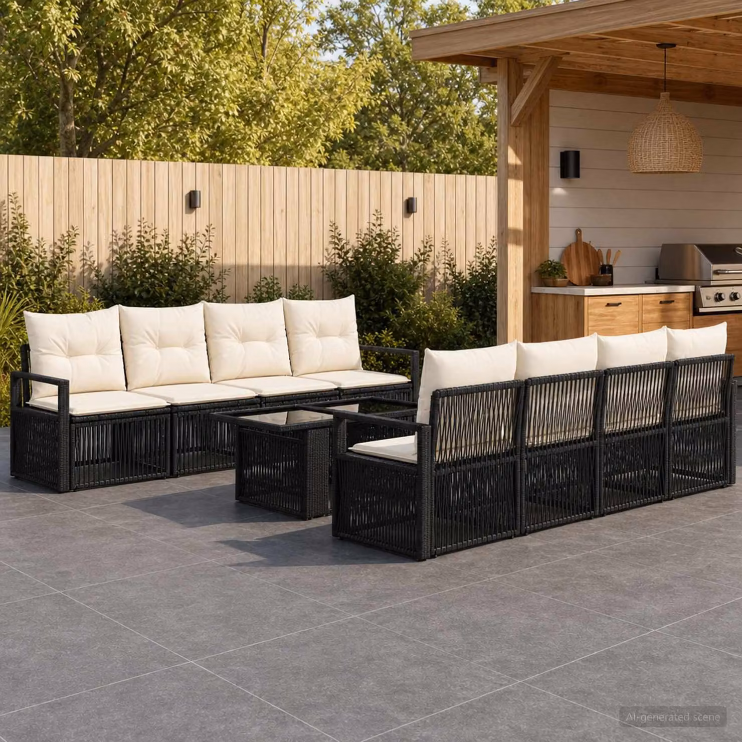Set Divano da Giardino vidaXL 9 pz in Polyrattan con Tavolino e Cuscini, Colore Nero e Bianco Crema