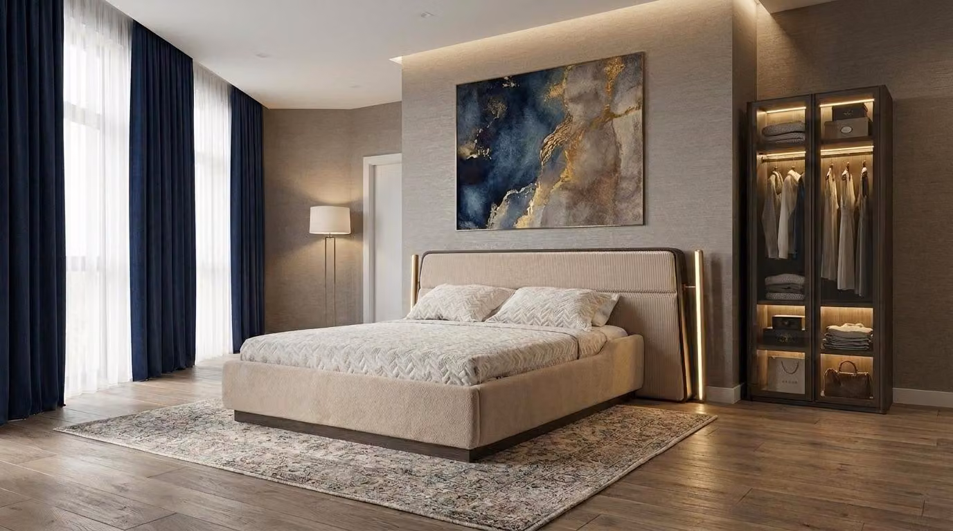 Armadio a due ante per camera da letto, stile moderno, colore beige, spazioso, confortevole e pratico