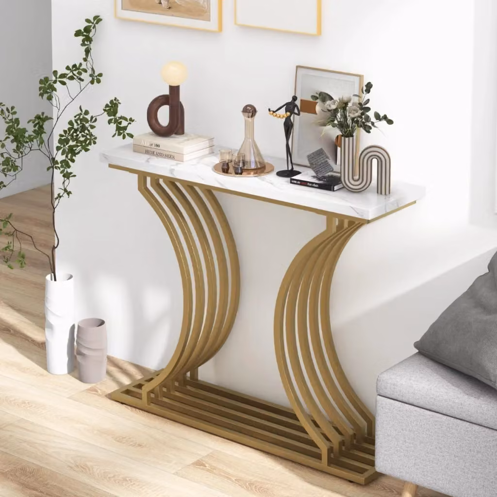 Consolle moderna DESIGN IN con piano in finto marmo bianco e gambe in metallo oro per soggiorno, camera da letto o ingresso – 2