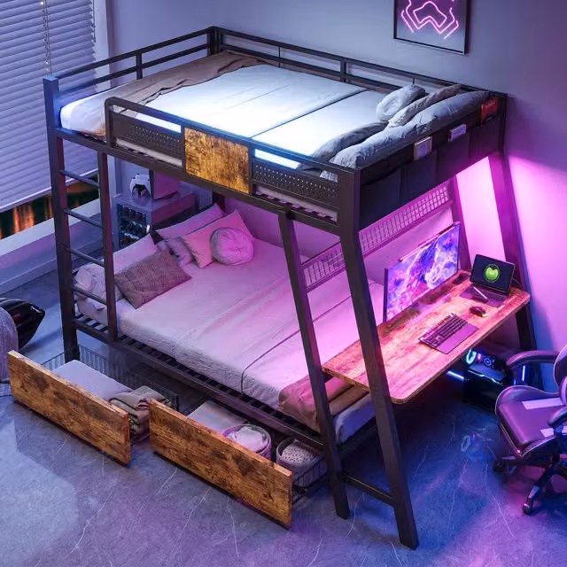 Letto a castello con scrivania gaming integrata, struttura in metallo nero, 2 posti letto 90 x 200 cm, luci LED e contenitori