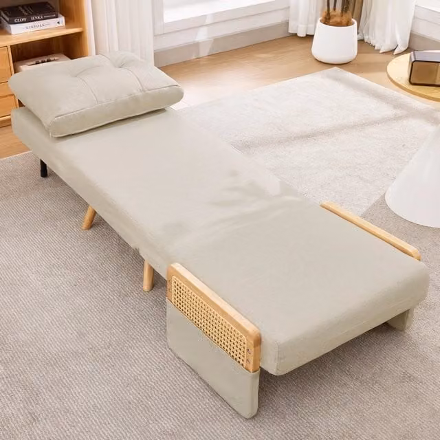 Poltrona letto 3 in 1 WISHDOR con schienale regolabile, braccioli in rattan e rivestimento in tessuto beige