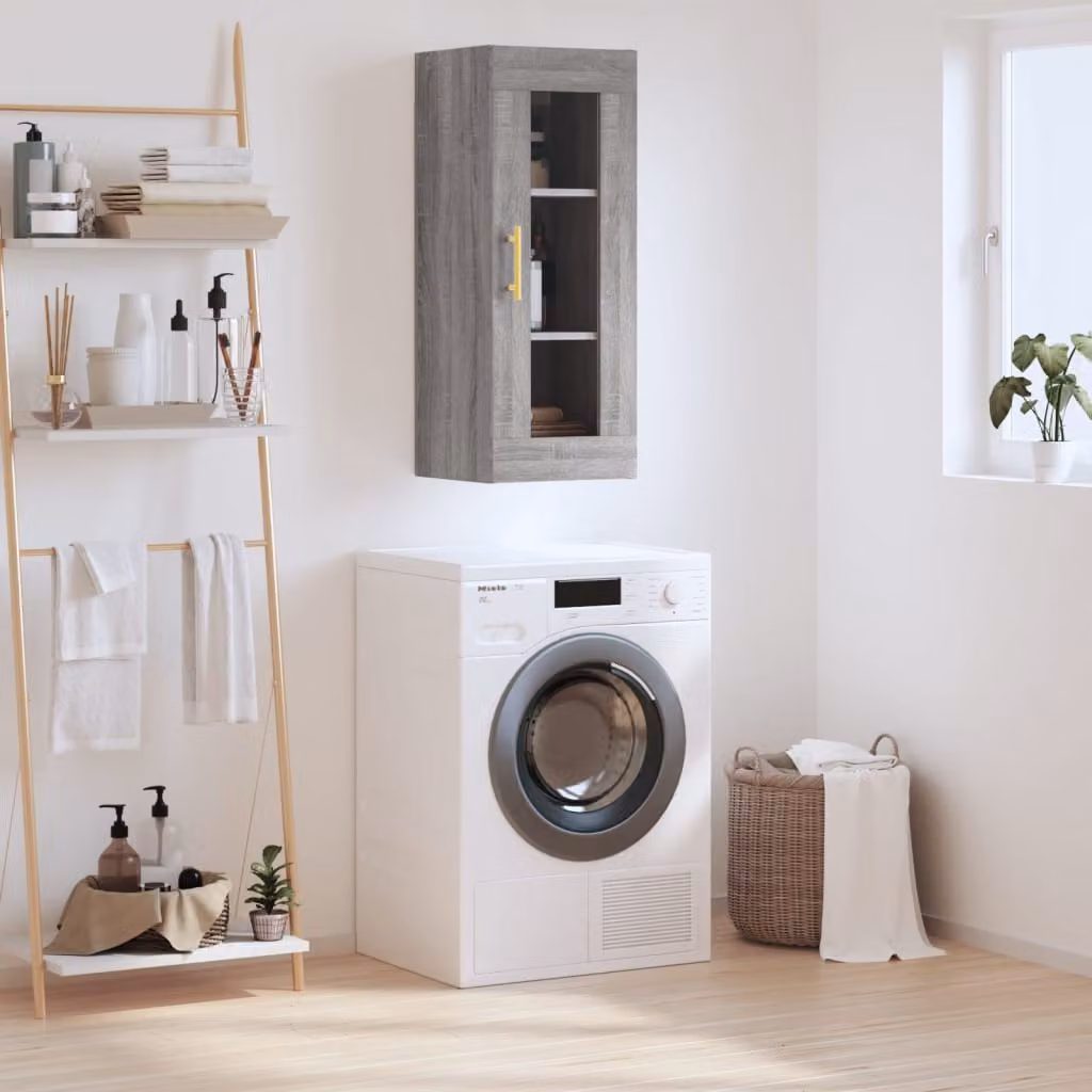 Mobile a parete vidaXL moderno in legno e vetro con ante in vetro, Grigio Sonoma, L: 34,5 cm, P: 34 cm, H: 90 cm