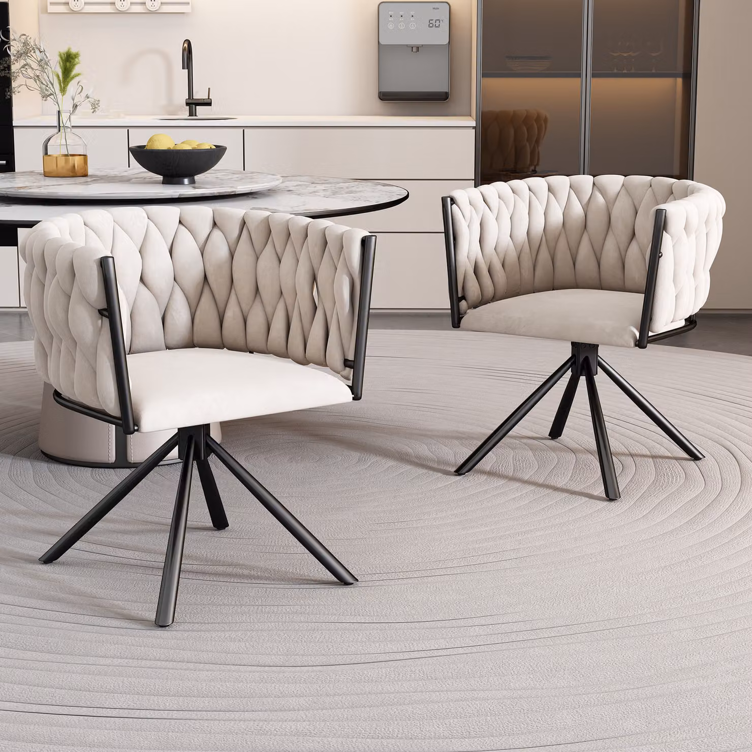 MODFU - Sedia da pranzo imbottita (set da 2), girevole a 360°, poltrona per soggiorno con braccioli e gambe in acciaio, sedia da cucina, sedia da trucco, in velluto, color beige
