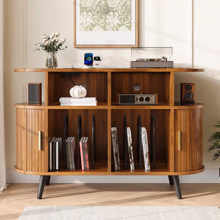 Mobile Hi-Fi con ante scorrevoli, mobile porta dischi con supporti per dischi, cassettiera con base di ricarica e passacavo, in MDF, finitura noce