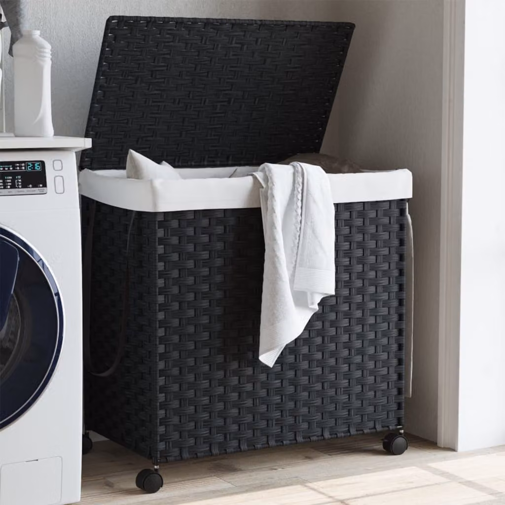 Cesto portabiancheria con ruote e coperchio vidaXL in rattan nero L: 60 cm, P: 35 cm, H: 60,5 cm