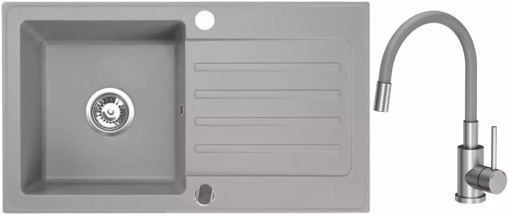 VBChome Lavello in granito 76 x 44 cm Grigio con rubinetto flessibile Lavello da incasso a vasca singola Reversibile Speckled Lavello di facile manutenzione con sifone