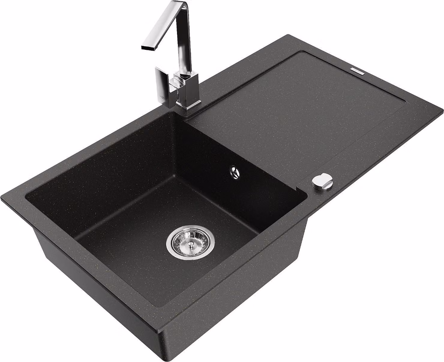 Mexen Leo lavello in granito a 1 vasca con sgocciolatoio e miscelatore da cucina Rita, nero/oro metallizzato - 6501-75-670300-00