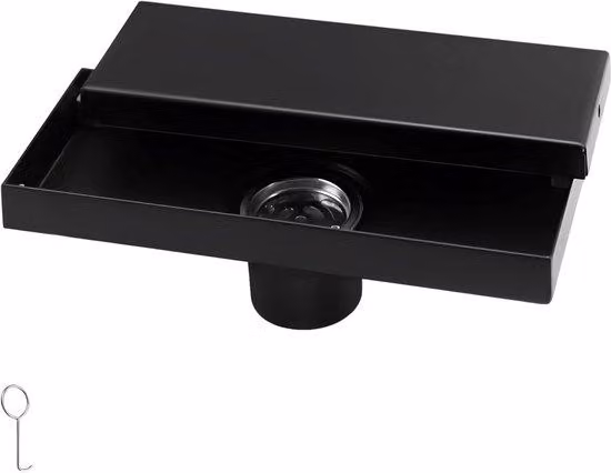 Soffione doccia nero, 20x8 cm, in acciaio inossidabile 304, piatto e liscio, scarico laterale, per bagno, cucina, balcone