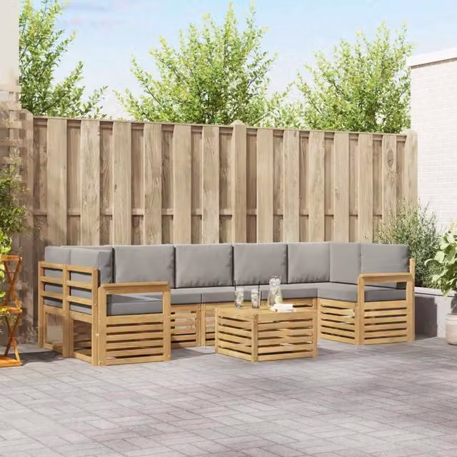 Set di divani da esterno a L vidaXL in legno di acacia con tavolo da caffè, colore bianco e grigio, composto da 8 pezzi con cuscini inclusi – 1