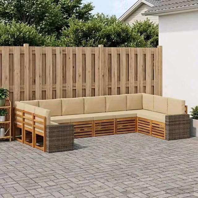 Set di divani da esterno vidaXL a forma di L in legno di acacia con cuscini beige e sabbia