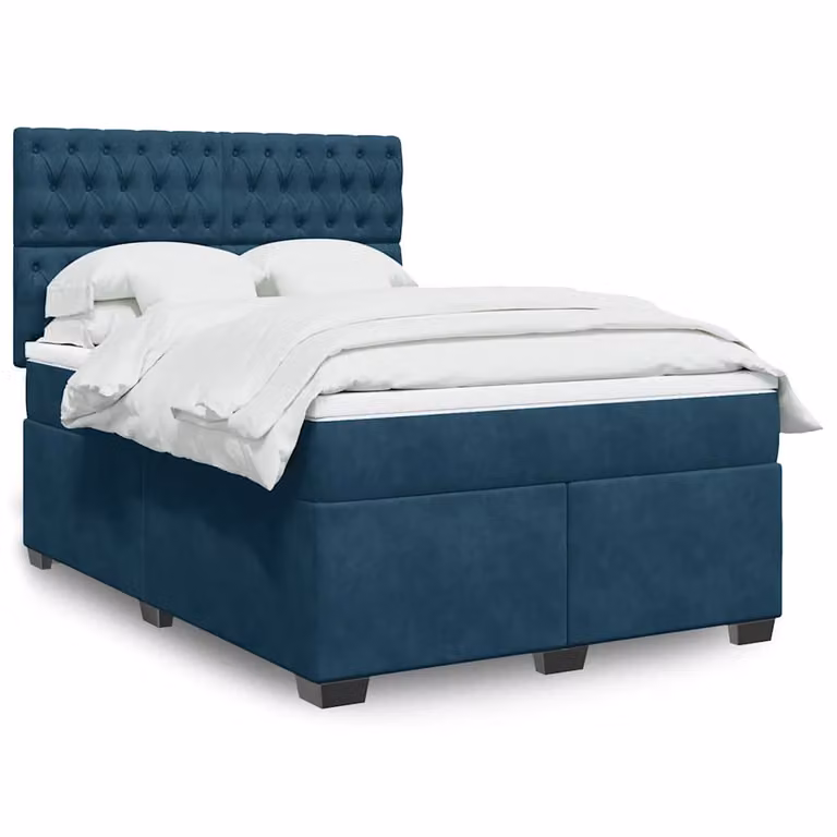 vidaXL Giroletto a Molle con Materasso Ibrido in Velluto Blu e Bianco, L/P/H: 140 x 190 cm