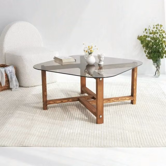 Tavolino da salotto moderno DMORA con piano in vetro trasparente e struttura in legno color quercia, L/P/H: 80 x 80 x 40 cm