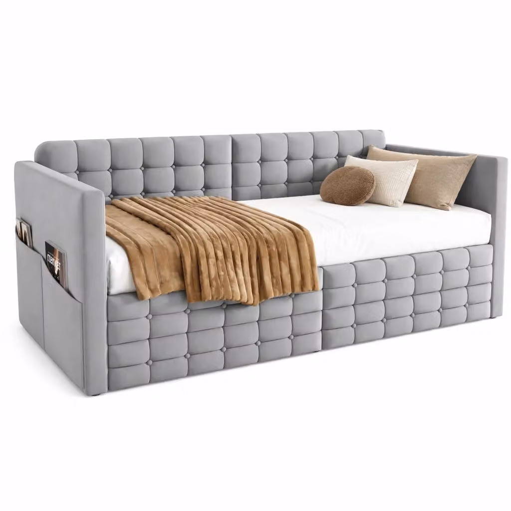 Letto singolo con 2 cassetti in velluto grigio chiaro con tasche laterali L/P/H: 90 x 190 cm – 2