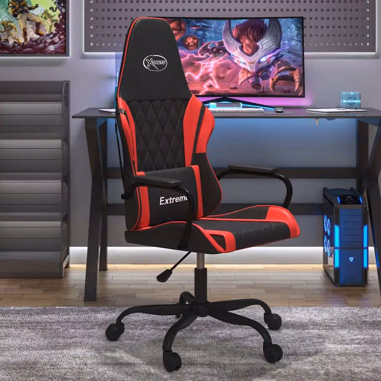 Sedia da Gaming vidaXL Nera e Rossa in Similpelle con Poggiatesta e Ruote, Ruotabile a 360 Gradi