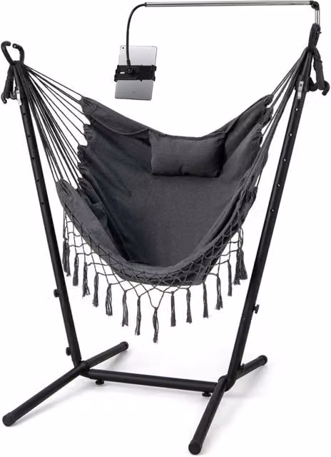 Sedia amaca con supporto 75 x 107 x 96-146 cm comoda con cuscino e portacellulare in cotone grigio 20_0020943