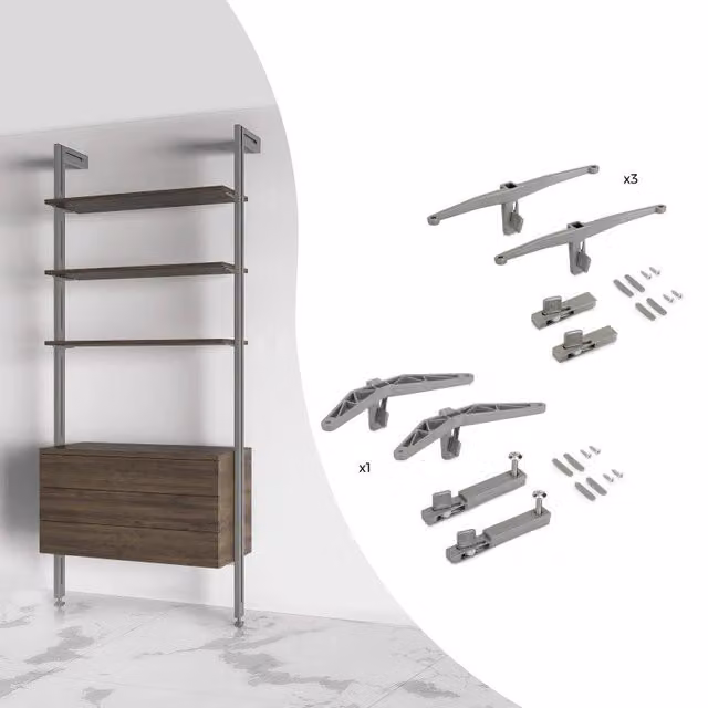 Kit di staffe per 3 ripiani in legno e 1 modulo per struttura Zero, Zama, Verniciato nero testurizzato