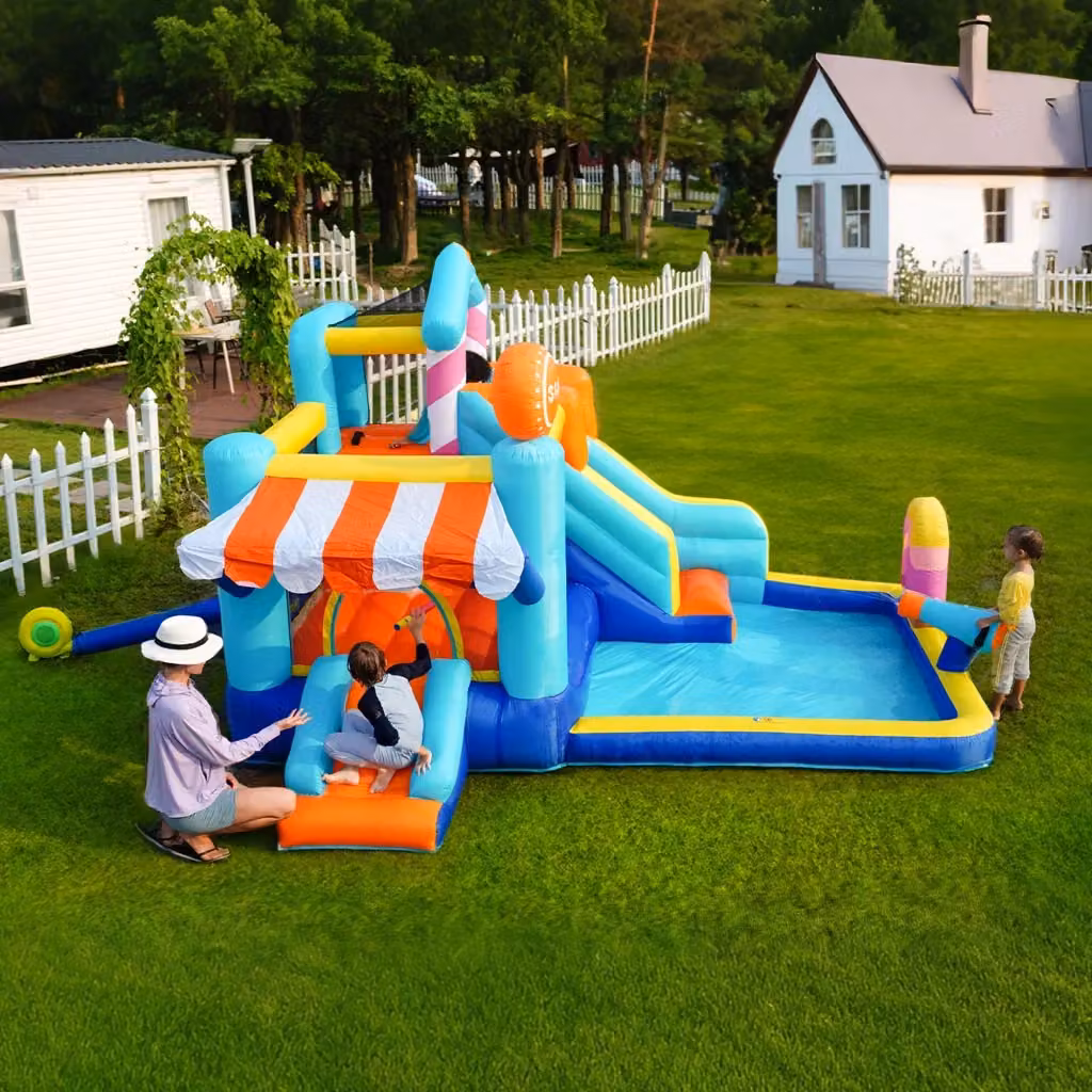 Castello gonfiabile doppio per bambini con ventilatore, parco acquatico multifunzionale da esterno con trampolino, scivoli, fontana e parete arrampicata, multicolore – 2