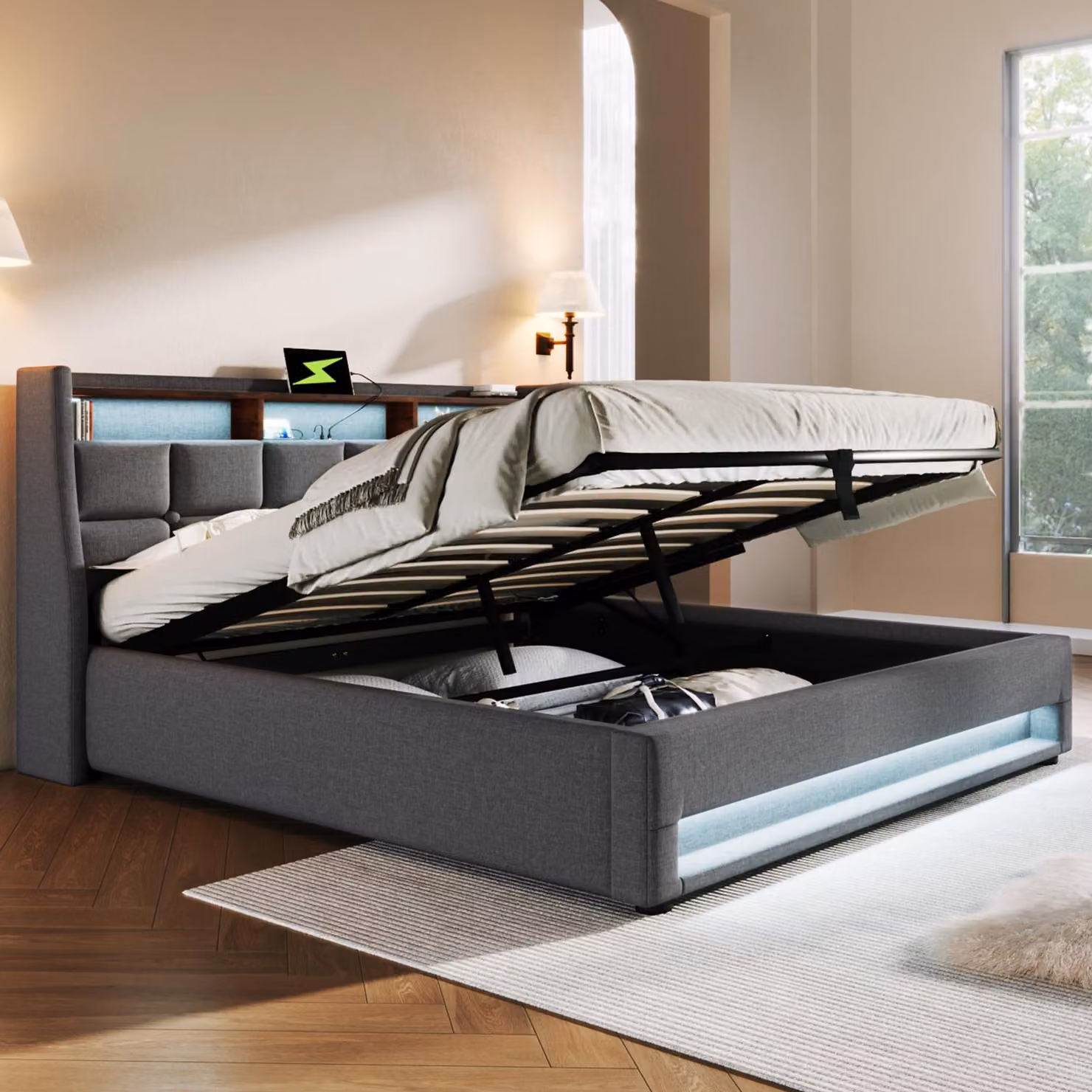 Letto imbottito 180x200, con porta USB, illuminazione LED, struttura in metallo a listelli, rivestimento in lino, letto matrimoniale, senza materasso.