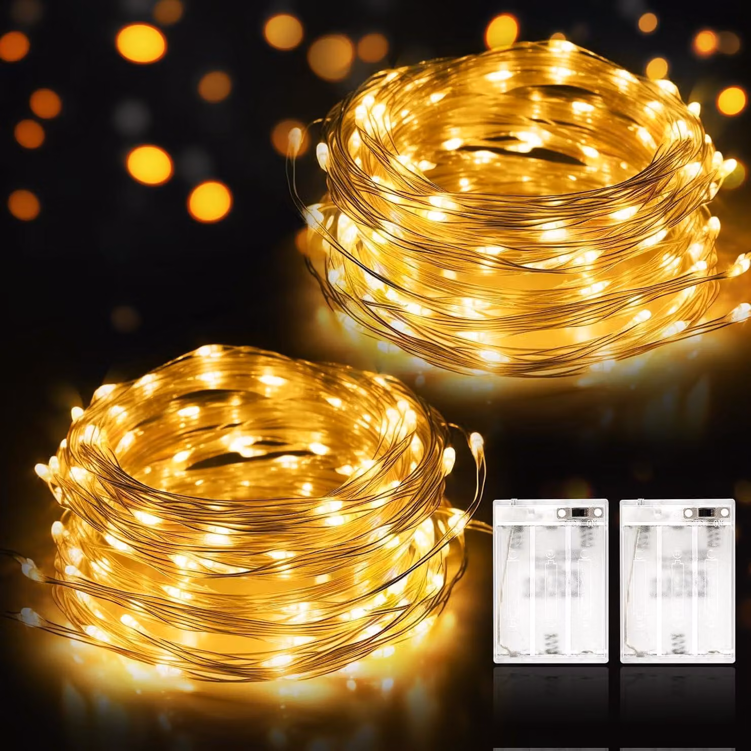 Catena luminosa a LED, 2 x 12 metri, 120 LED, luce bianco caldo, impermeabile, filo argentato