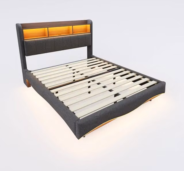 Letto imbottito sospeso 160x200 cm in tessuto di lino grigio con LED, porte USB e Type-C, contenitore integrato