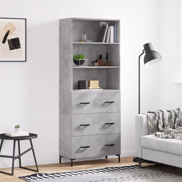 Credenza moderna vidaXL in legno e metallo, Grigio Cemento, L: 69,5 cm, P: 34 cm, H: 180 cm