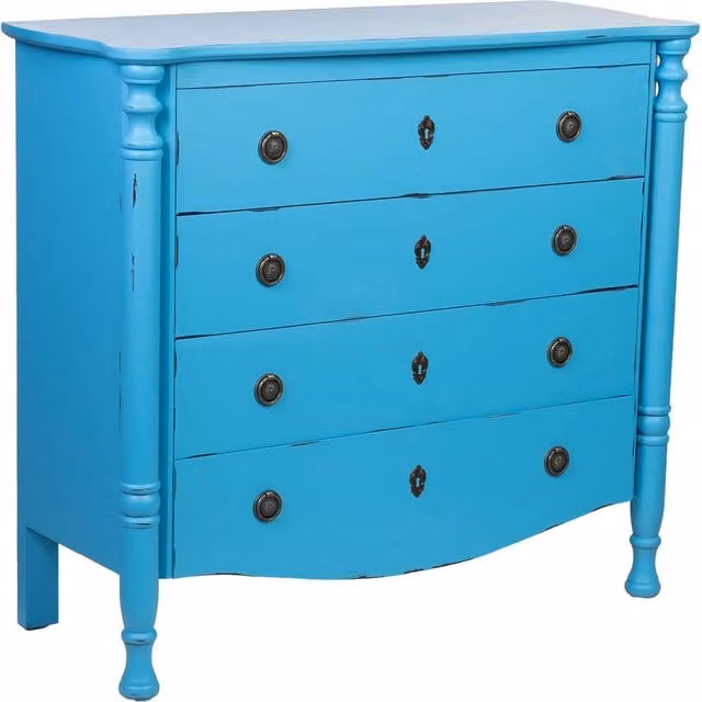 Cassettiera in legno laccato blu invecchiato, 4 cassetti 100x40x90h cm