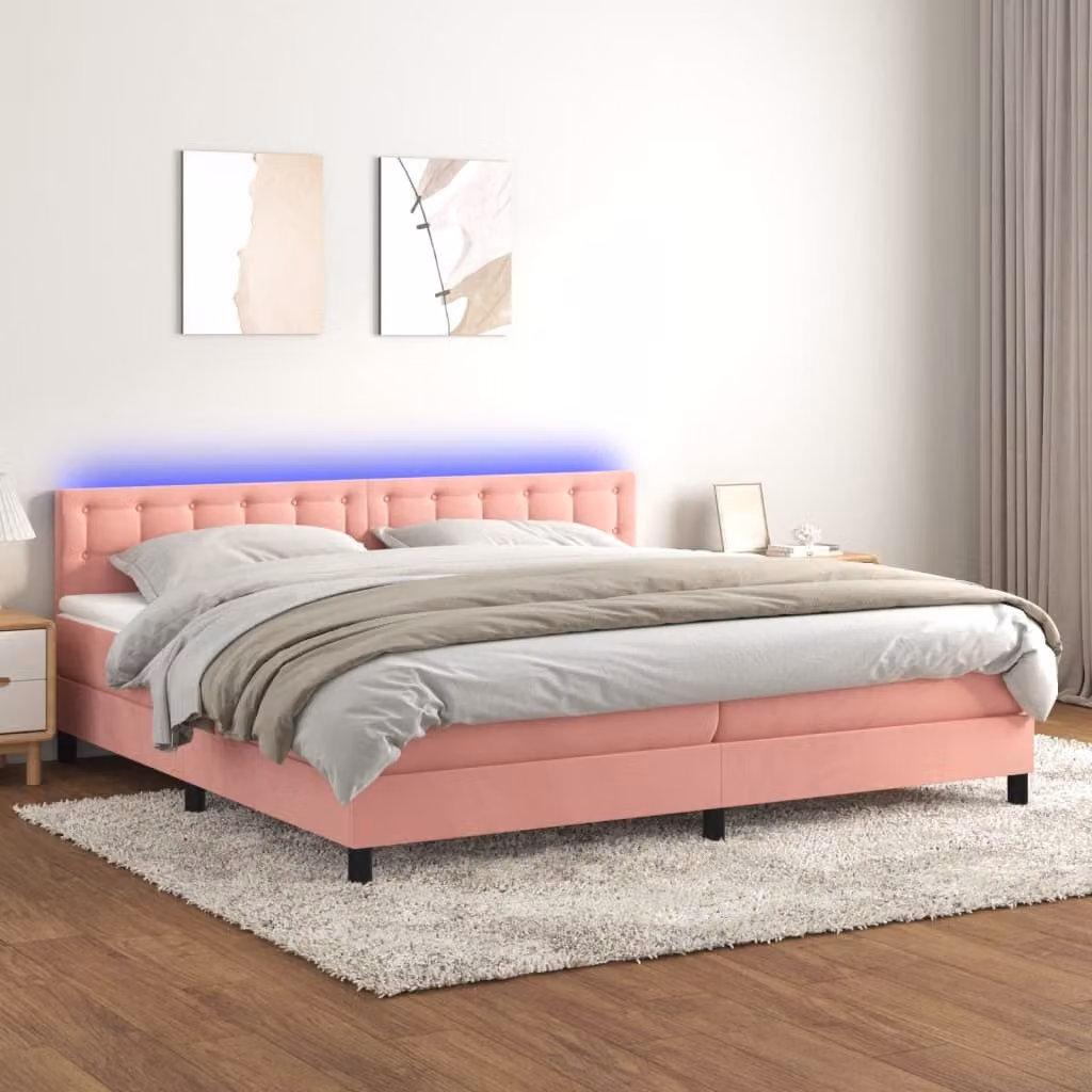 The Living Store Letto a molle con materasso e LED Rosa 200x200 cm Velluto